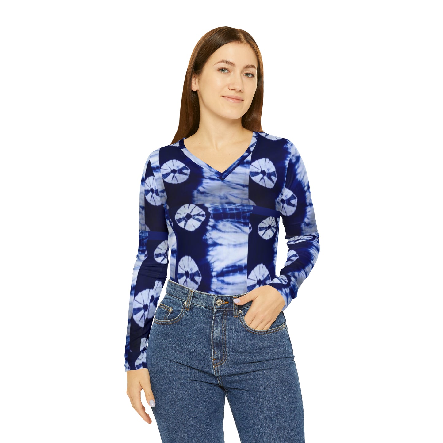 Tie Dye Sweet Blue Women's Long Sleeve V-neck Shirt