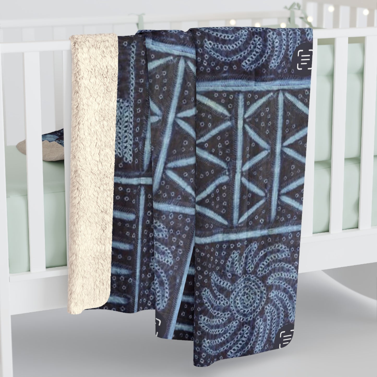 Adire 'Seeds' Indigo Sherpa Fleece Blanket