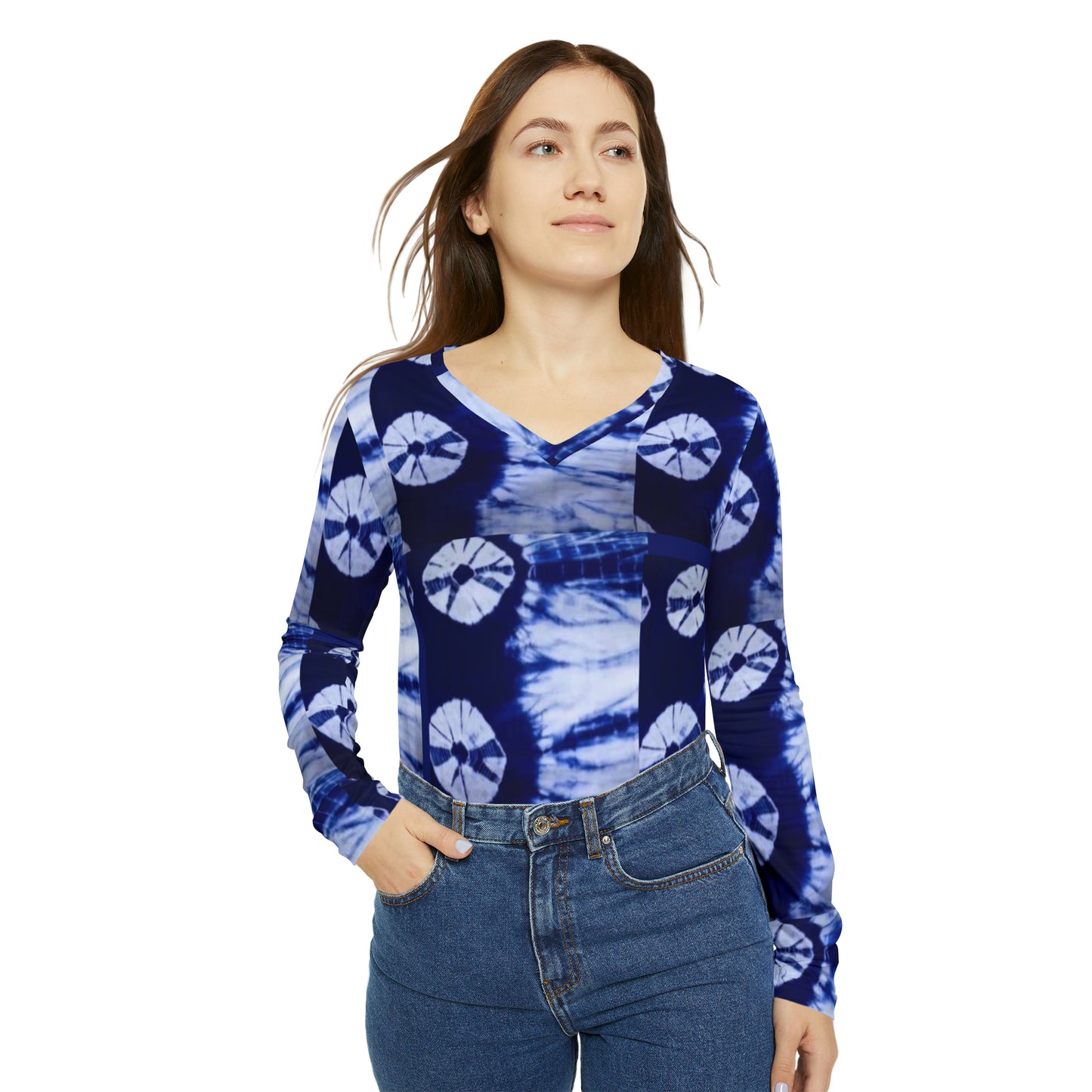 Tie Dye Sweet Blue Women's Long Sleeve V-neck Shirt