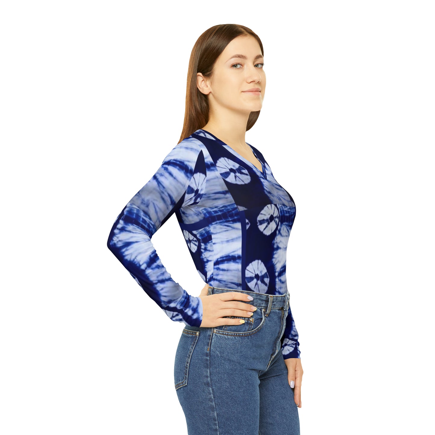 Tie Dye Sweet Blue Women's Long Sleeve V-neck Shirt