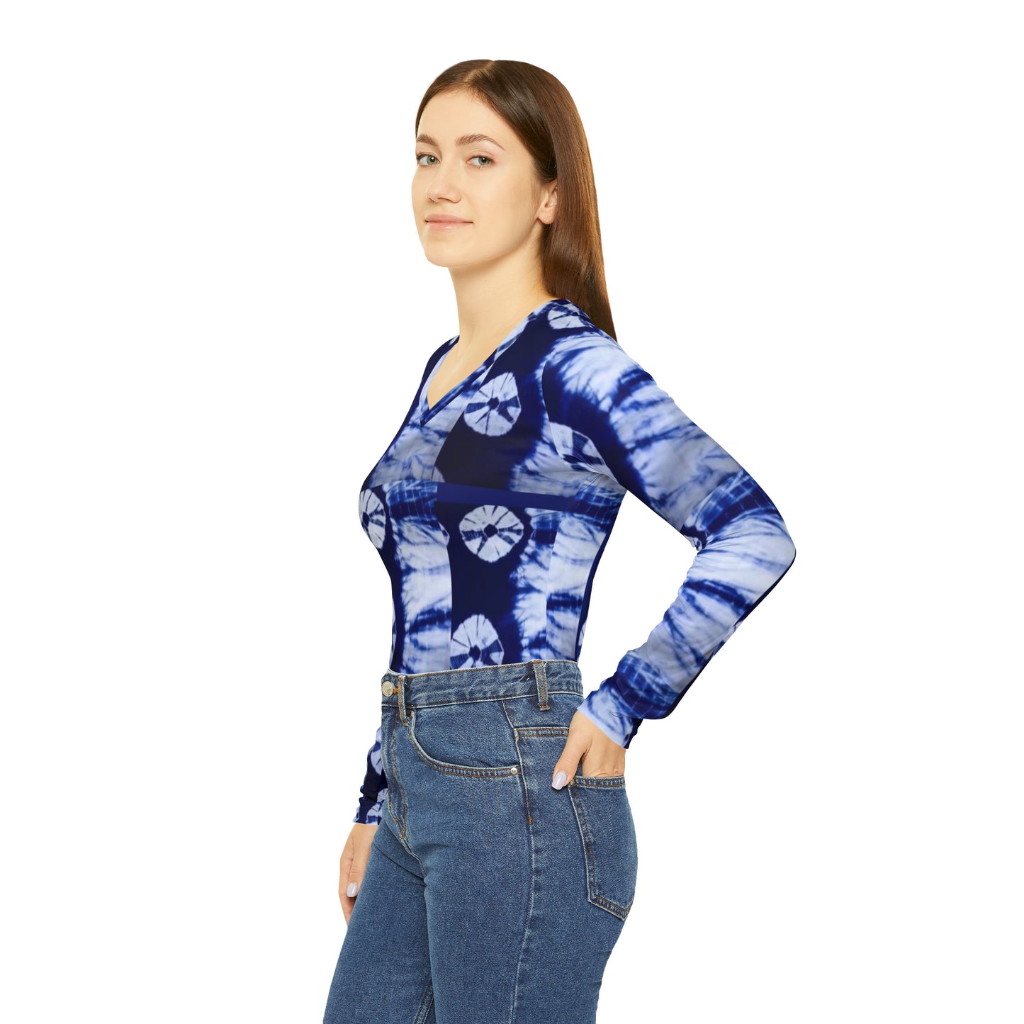 Tie Dye Sweet Blue Women's Long Sleeve V-neck Shirt