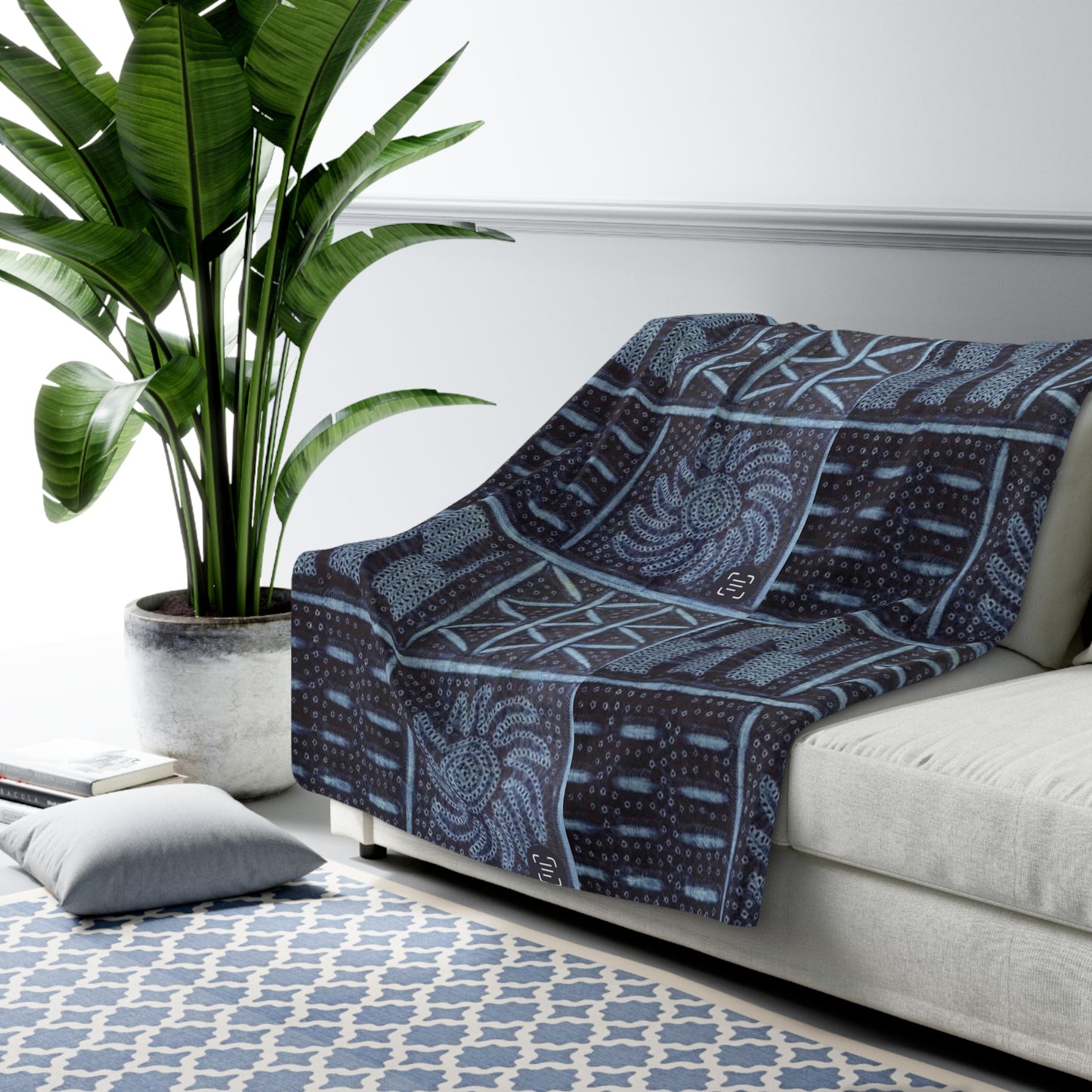 Adire 'Seeds' Indigo Sherpa Fleece Blanket