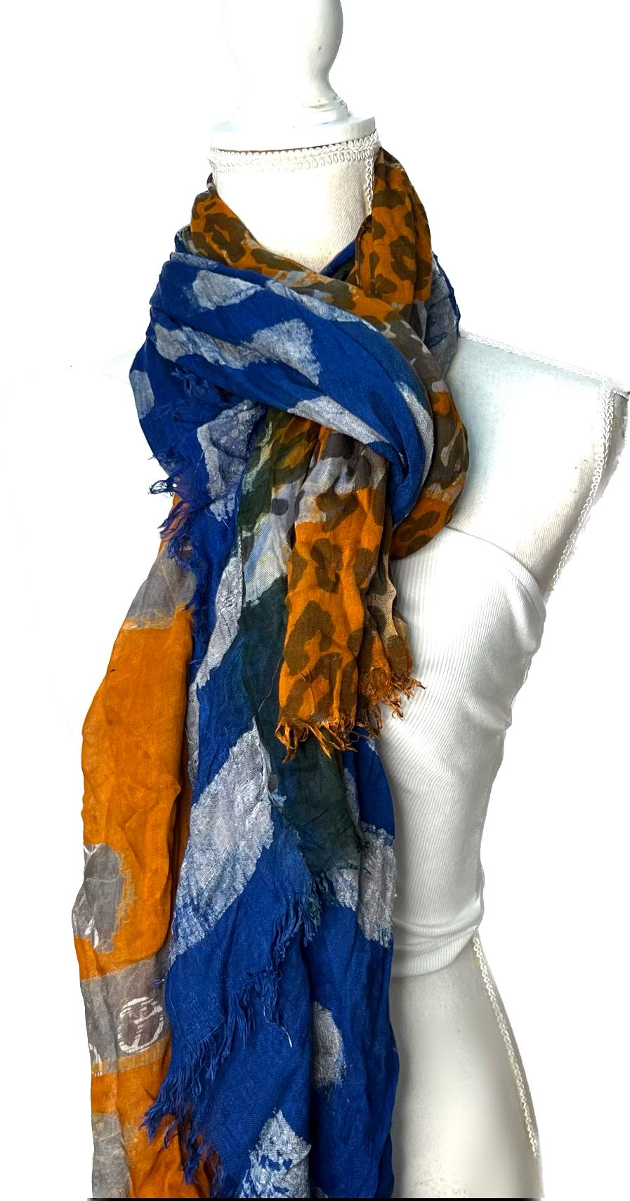 Batik Blue block with orange brown print Scarf